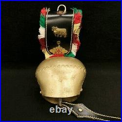 Antique Swiss Austrian Wrought Brass Cow Bell with Fringed Leather Strap