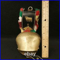 Antique Swiss Austrian Wrought Brass Cow Bell with Fringed Leather Strap