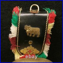 Antique Swiss Austrian Wrought Brass Cow Bell with Fringed Leather Strap