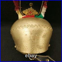 Antique Swiss Austrian Wrought Brass Cow Bell with Fringed Leather Strap