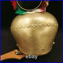 Antique Swiss Austrian Wrought Brass Cow Bell with Fringed Leather Strap