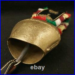 Antique Swiss Austrian Wrought Brass Cow Bell with Fringed Leather Strap