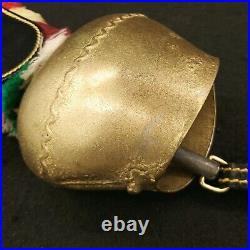 Antique Swiss Austrian Wrought Brass Cow Bell with Fringed Leather Strap