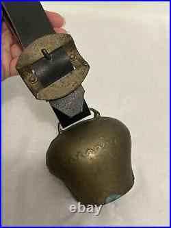 Antique Swiss Brass Bronze Alpine Handforged Cow Bell Leather Collar Strap