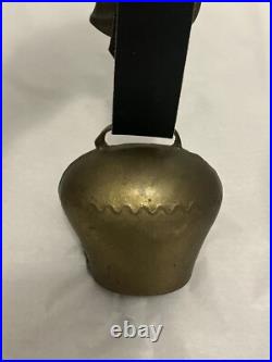 Antique Swiss Brass Bronze Alpine Handforged Cow Bell Leather Collar Strap