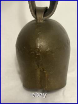 Antique Swiss Brass Bronze Alpine Handforged Cow Bell Leather Collar Strap