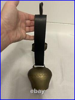 Antique Swiss Brass Bronze Alpine Handforged Cow Bell Leather Collar Strap