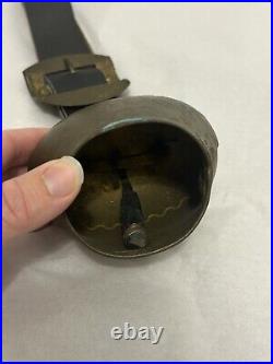 Antique Swiss Brass Bronze Alpine Handforged Cow Bell Leather Collar Strap
