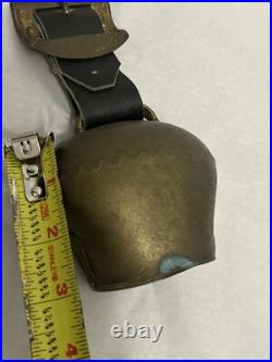 Antique Swiss Brass Bronze Alpine Handforged Cow Bell Leather Collar Strap