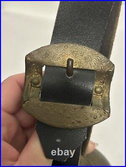 Antique Swiss Brass Bronze Alpine Handforged Cow Bell Leather Collar Strap