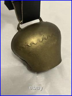 Antique Swiss Brass Bronze Alpine Handforged Cow Bell Leather Collar Strap