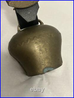 Antique Swiss Brass Bronze Alpine Handforged Cow Bell Leather Collar Strap