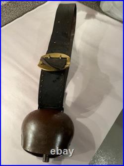Antique Swiss Brass Large Cow Bell #70 With Leather Collar & Brass Buckle
