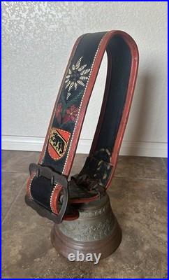 Antique Swiss Bronze Cowbell Glocken Gusset Uetendorf Leather Strap Vintage Bell