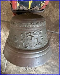 Antique Swiss Bronze Cowbell Glocken Gusset Uetendorf Leather Strap Vintage Bell