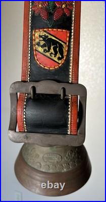 Antique Swiss Bronze Cowbell Glocken Gusset Uetendorf Leather Strap Vintage Bell