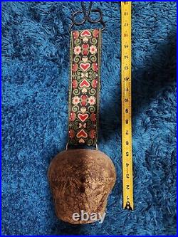 Antique Swiss German Brass Oxen Cow Bell Embroidered Strap Hand Wrought
