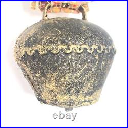 Antique Swiss German Brass Oxen Cow Bell Embroidered Strap Hand Wrought Hanging