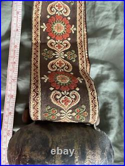 Antique Swiss German Brass Oxen Cow Bell Embroidered Strap Handle