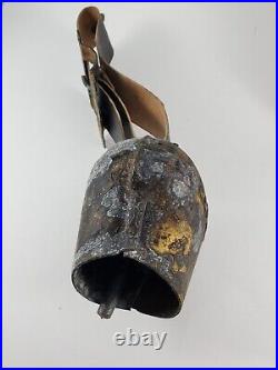Antique Swiss Hand Forged Cast Iron Metal Cow Bell Brass Patina Buckle Strap