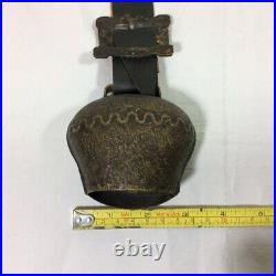Antique Swiss Hand Forged Cast Iron Metal Cow Bell Brass Patina Buckle Strap