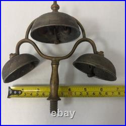 Antique Triple Bell Brass Handheld Signal Bell Industrial / Maritime Hardware
