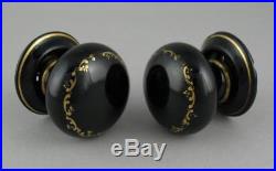 Antique Victorian Brass & Ceramic Servants Bell Pull & Matching Door Knobs Black
