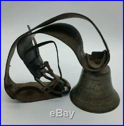 Antique Victorian Cattle Cow Bell + Leather Strap Rustic Country Home Doorbell