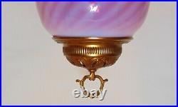 Antique Victorian Hanging Electrified Oil Lamp Pink Glass Gold Brass Smoke Bell
