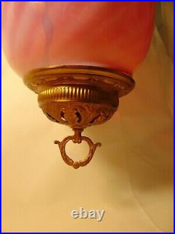 Antique Victorian Hanging Electrified Oil Lamp Pink Glass Gold Brass Smoke Bell