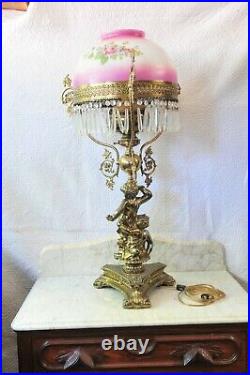 Antique Victorian Oil Lamp withCherubs Hand Painted Shade Electrified Gold Gilted