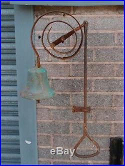 Antique Victorian School Farm Estate Yard Bell On Metal Spring With Iron Puller