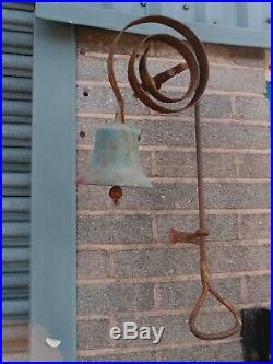 Antique Victorian School Farm Estate Yard Bell On Metal Spring With Iron Puller