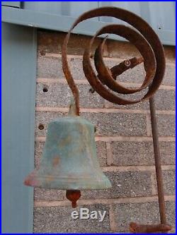 Antique Victorian School Farm Estate Yard Bell On Metal Spring With Iron Puller