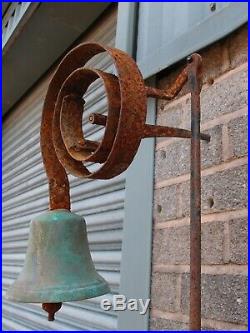 Antique Victorian School Farm Estate Yard Bell On Metal Spring With Iron Puller