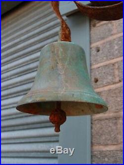 Antique Victorian School Farm Estate Yard Bell On Metal Spring With Iron Puller