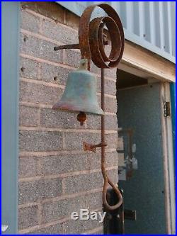 Antique Victorian School Farm Estate Yard Bell On Metal Spring With Iron Puller