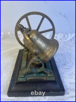 Antique Victorian Solid Brass Mechanical Desk Bell Flywheel Ringing with Wood Base