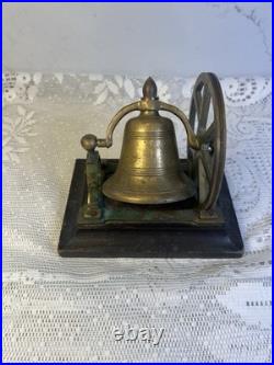 Antique Victorian Solid Brass Mechanical Desk Bell Flywheel Ringing with Wood Base