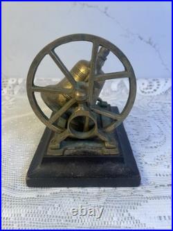 Antique Victorian Solid Brass Mechanical Desk Bell Flywheel Ringing with Wood Base