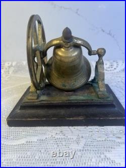 Antique Victorian Solid Brass Mechanical Desk Bell Flywheel Ringing with Wood Base