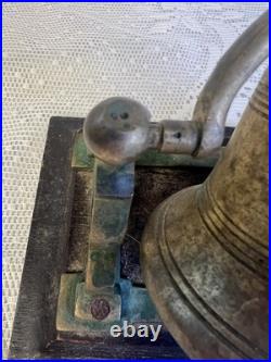 Antique Victorian Solid Brass Mechanical Desk Bell Flywheel Ringing with Wood Base