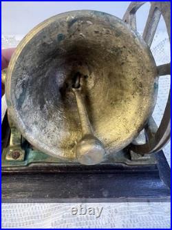 Antique Victorian Solid Brass Mechanical Desk Bell Flywheel Ringing with Wood Base