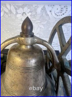 Antique Victorian Solid Brass Mechanical Desk Bell Flywheel Ringing with Wood Base