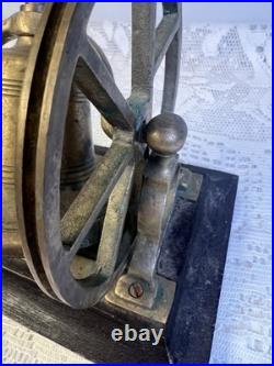 Antique Victorian Solid Brass Mechanical Desk Bell Flywheel Ringing with Wood Base