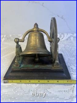 Antique Victorian Solid Brass Mechanical Desk Bell Flywheel Ringing with Wood Base
