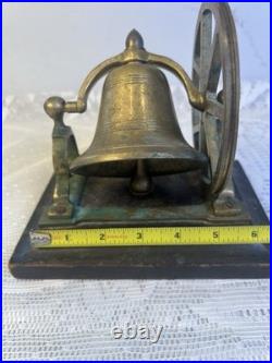 Antique Victorian Solid Brass Mechanical Desk Bell Flywheel Ringing with Wood Base