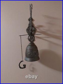 Antique Vintage Brass Ornate Door Bell with Pull Chain, Latin Phrase around Top