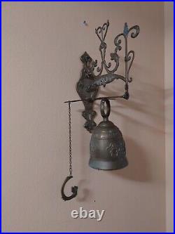 Antique Vintage Brass Ornate Door Bell with Pull Chain, Latin Phrase around Top