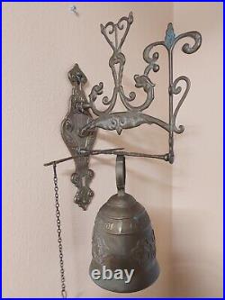Antique Vintage Brass Ornate Door Bell with Pull Chain, Latin Phrase around Top
